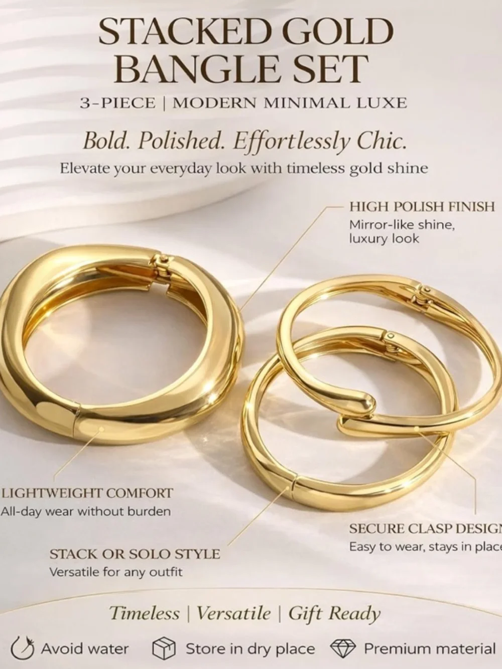 Gold-Tone Women’s Bangle Bracelet Set - Elegant Stackable Bangles